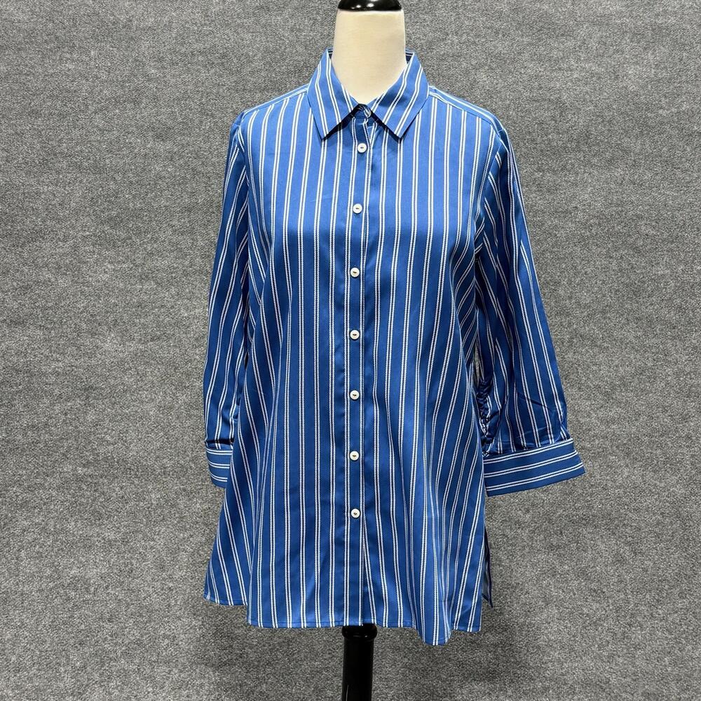 Foxcroft Shirt Womens M Blue Stripe Button Front 3/4 Sleeve Tunic Top Cotton